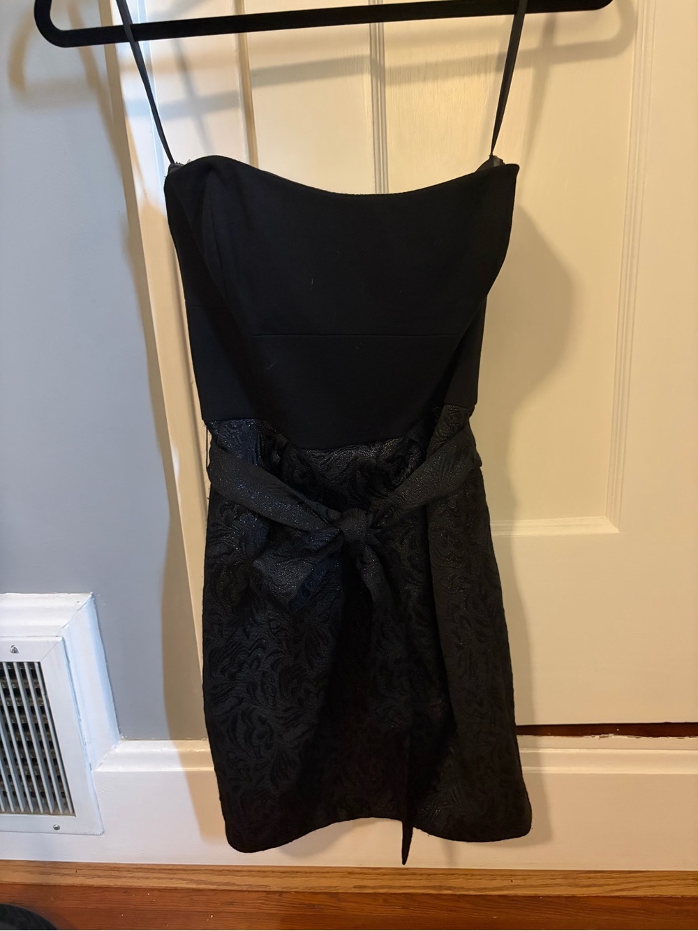 Cynthia Steffe Black Strapless Brocade Dress with Waist Tie
